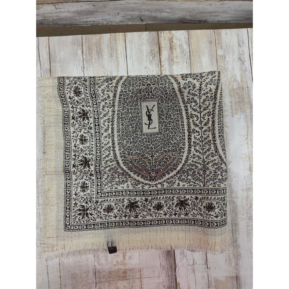 Yves Saint Laurent Vintage Wool Silk Paisley Scarf Gold Metallic Lurex 55x55